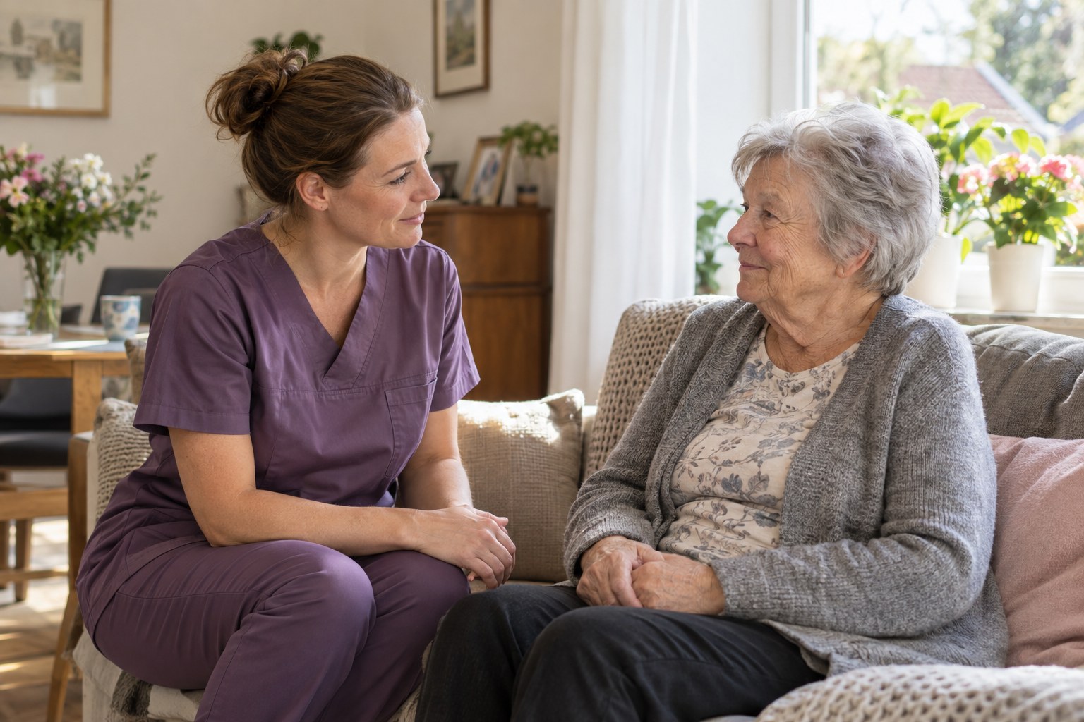 Pflegekraft im persönlichen Gespräch mit einer älteren Patientin zu Hause